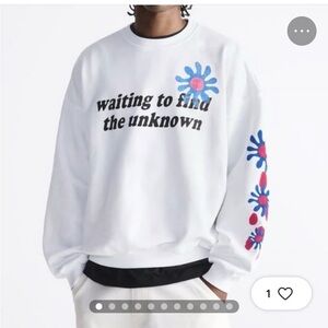 Zara White Crewneck Sweater with Blue and Red Floral Accents